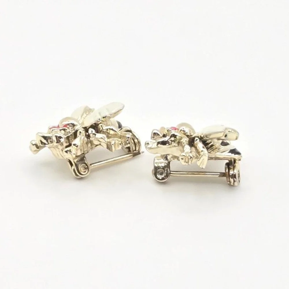 Charming Vintage Bee Enameled Pins Set of 2 Small Brooches Red Eyes‎ Gold Tone